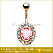 Pink Oval Cubic Zirconia Setting Clear Gems On Rims Gold Plated Surgical Steel Belly Ring